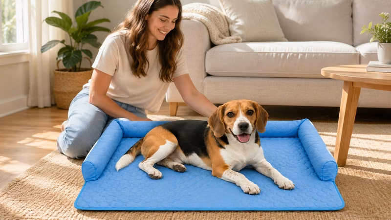 Panting dog lying exhausted on a hot wooden floor.