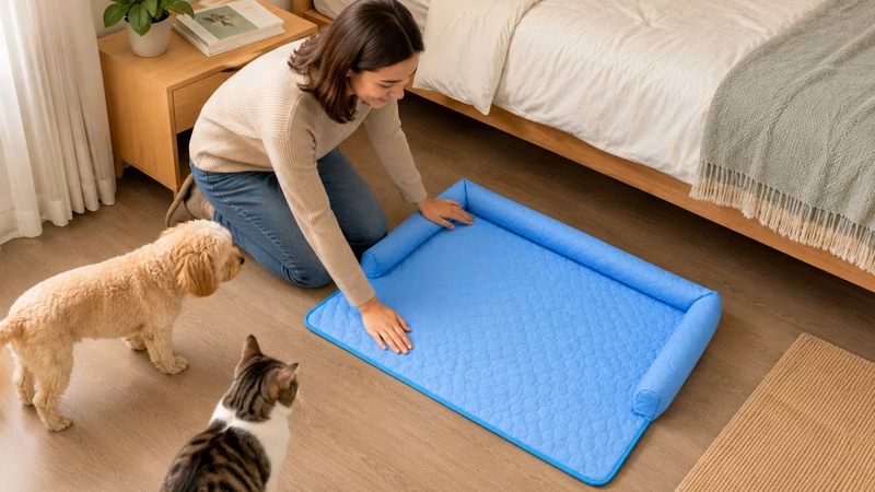 Sleeping dog resting peacefully on a blue pressure-activated cooling pad.