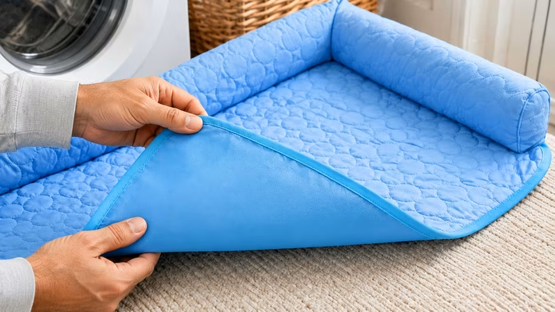 Close-up of a folded blue cooling mat showing durable fabric.