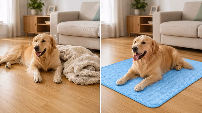 Panting dog lying exhausted on a hot wooden floor.